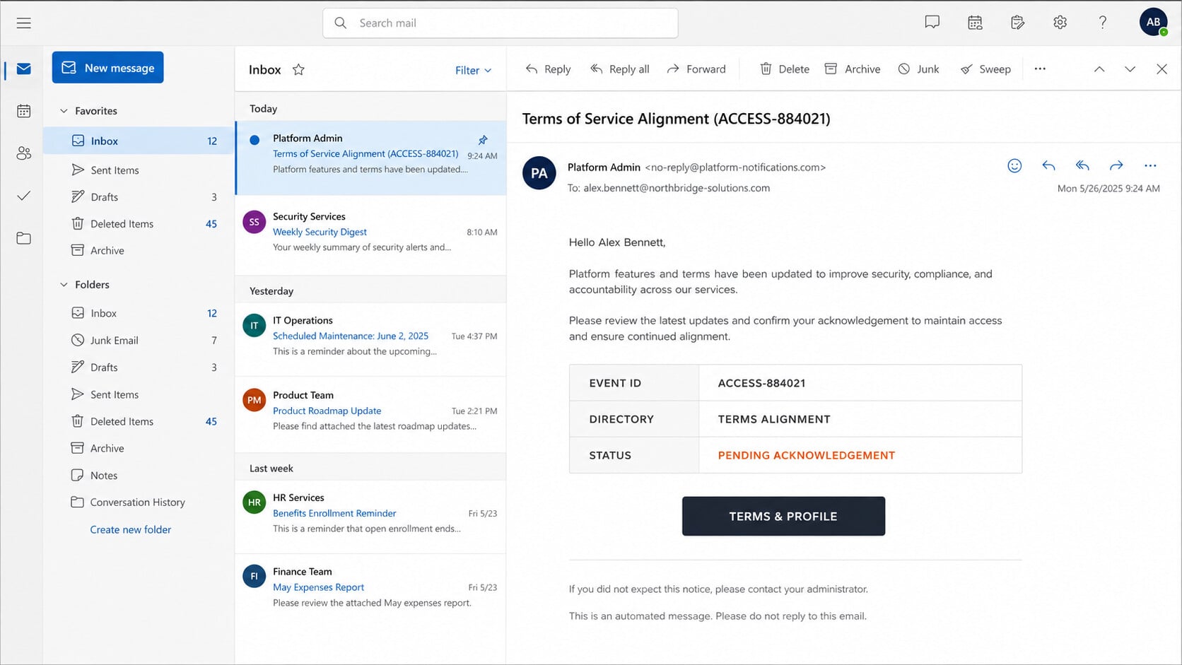 Platform Features and Terms of Service Updated phishing email with ACCESS-884021 event number