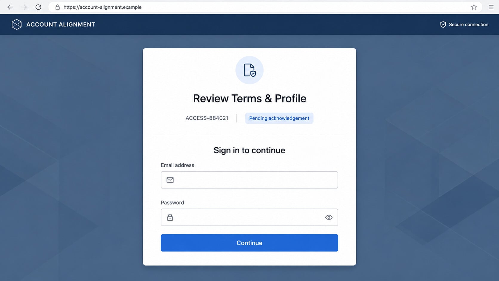 Fake account alignment page requesting an email address and password