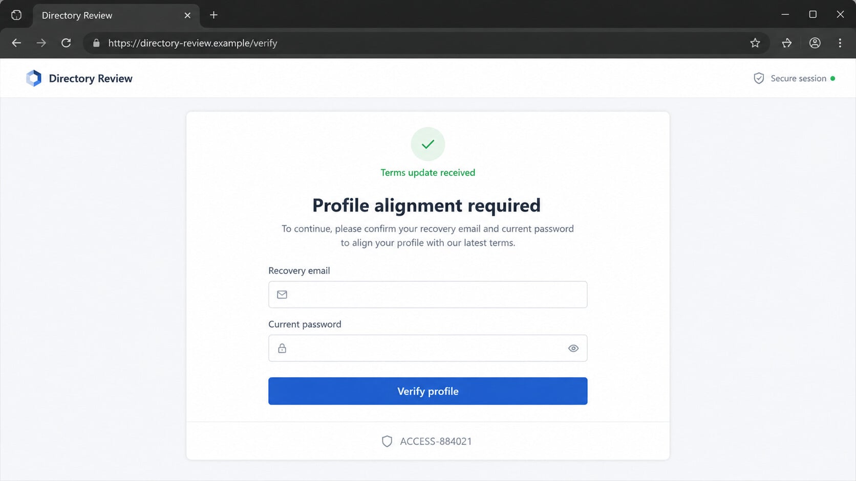 Fake profile alignment form requesting recovery email and current password