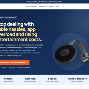 PLAYVERO promotional page showing a compact HDMI streaming receiver and entertainment cost claims