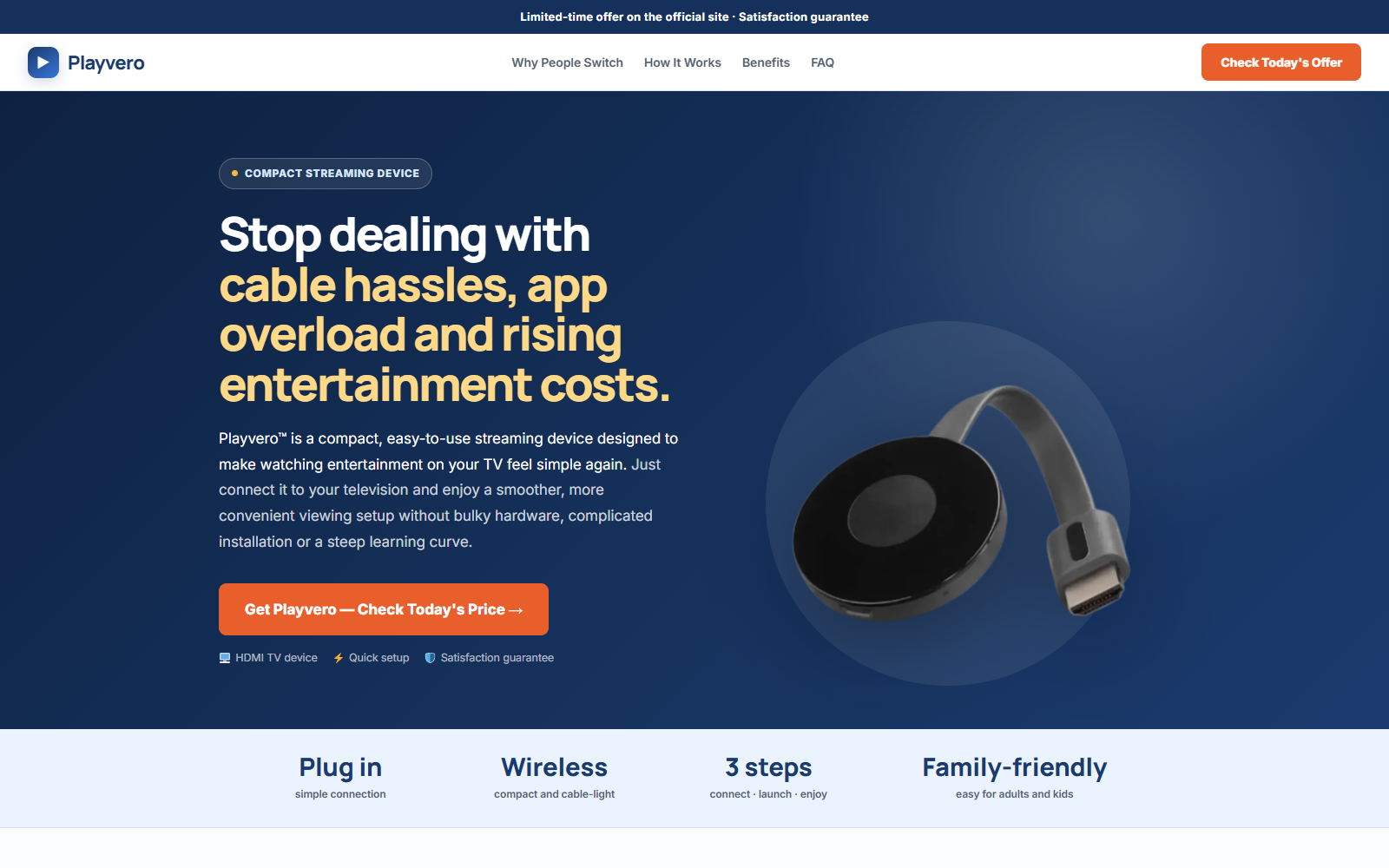 PLAYVERO TV Box Review: Free Streaming Claims and Return Risks Exposed 1 PLAYVERO promotional page showing a compact HDMI streaming receiver and entertainment cost claims
