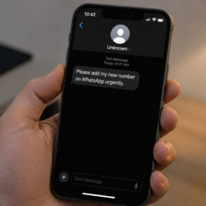 Realistic phone message asking the recipient to urgently add an unknown number on WhatsApp