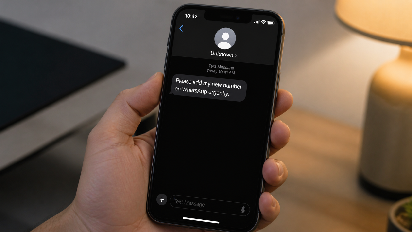 Realistic phone message asking the recipient to urgently add an unknown number on WhatsApp