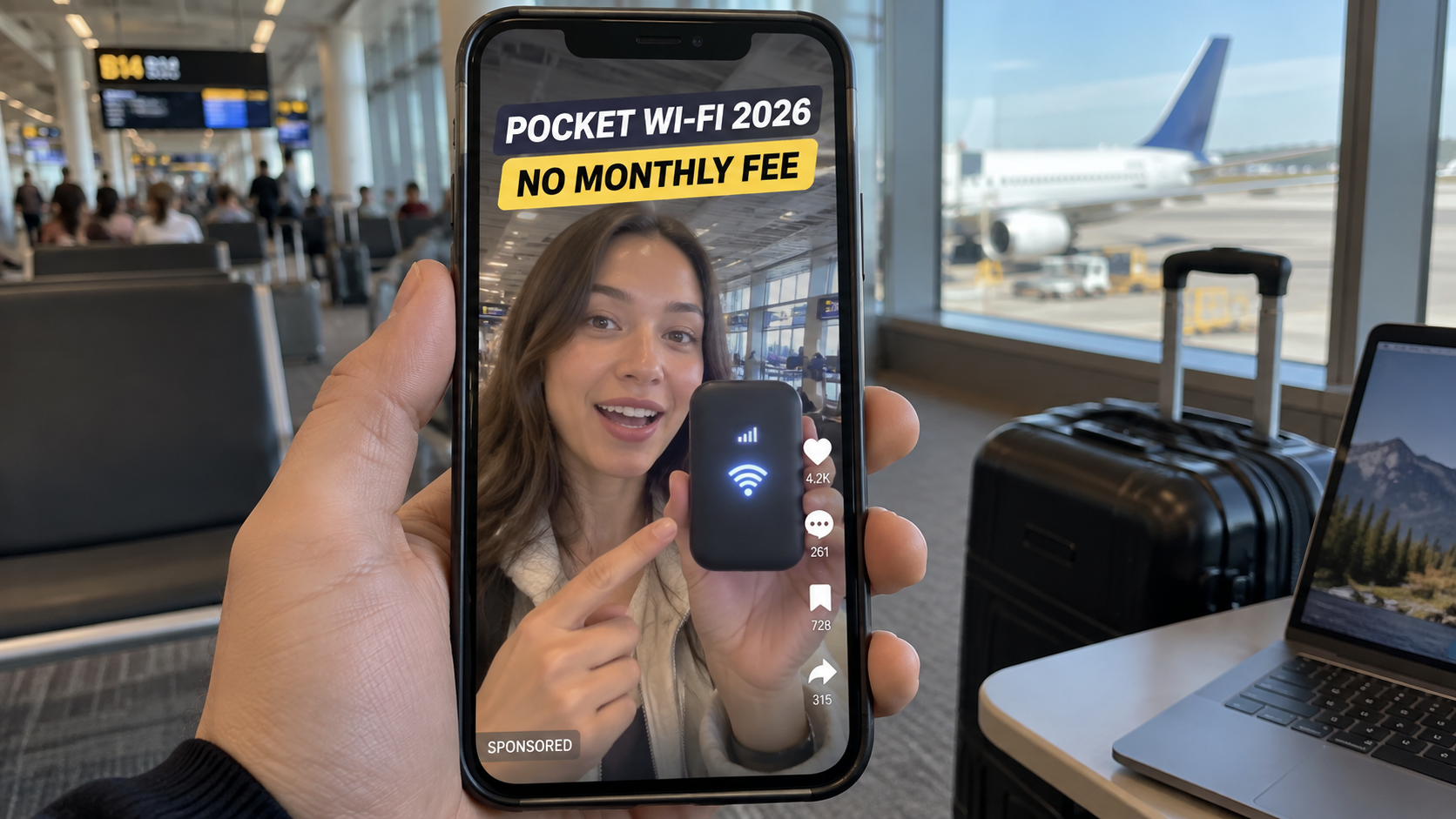 Sponsored travel video advertising a pocket Wi-Fi hotspot with no monthly fee