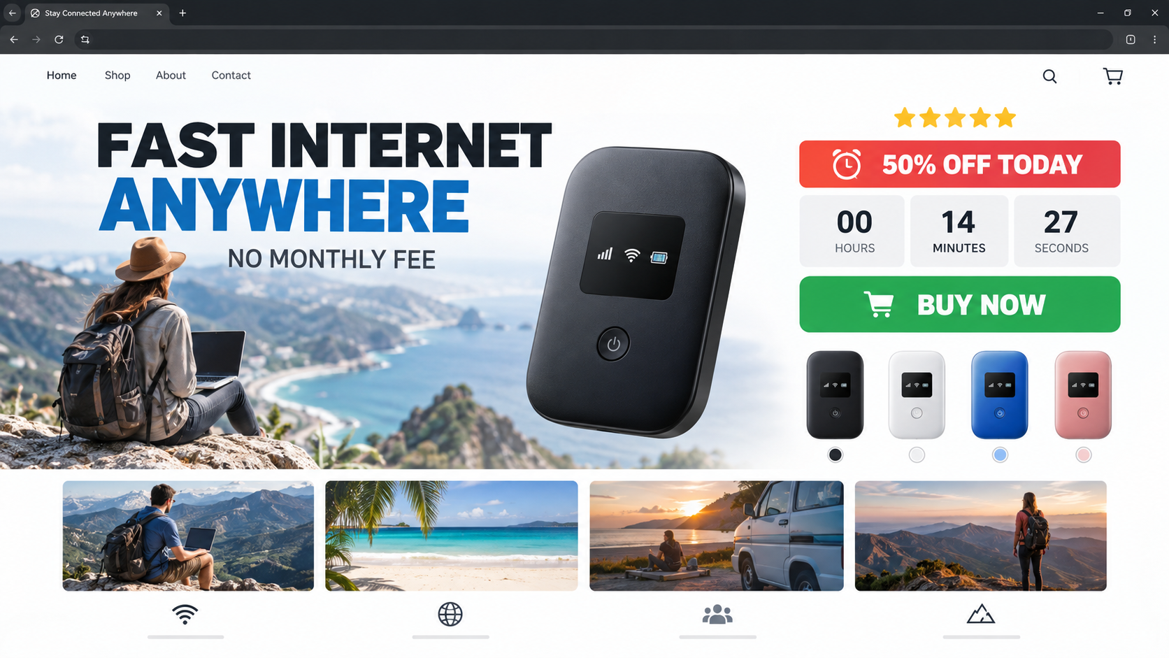 Ecommerce landing page claiming fast internet anywhere from a generic pocket hotspot