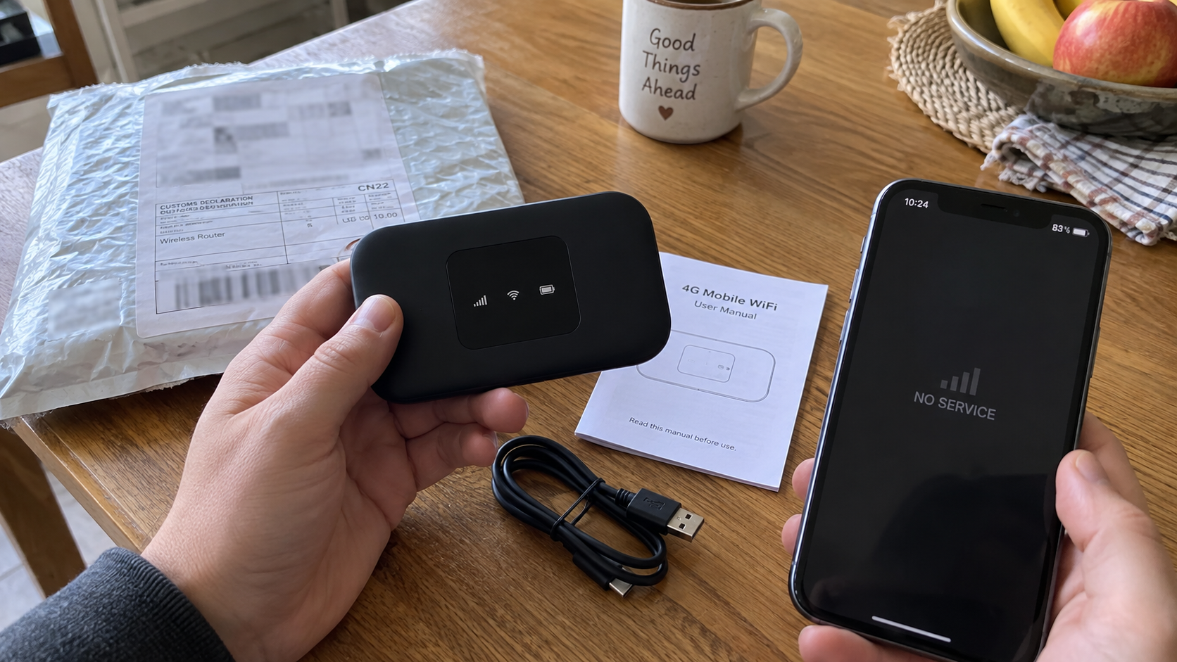 Generic mobile hotspot delivered with a USB cable while the phone shows no service