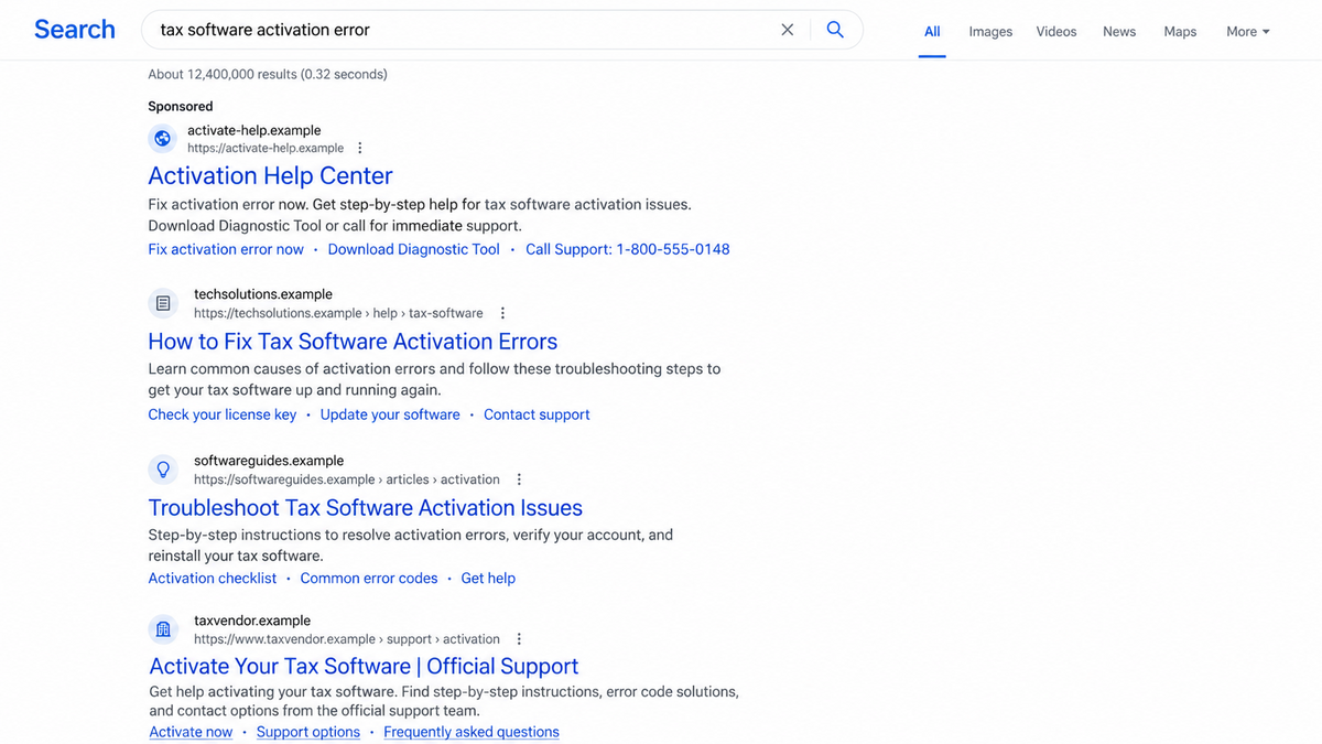 Poisoned Bing Results Push MayaBot and Fake Support Calls 1 Poisoned search results promoting a fake product support and activation page