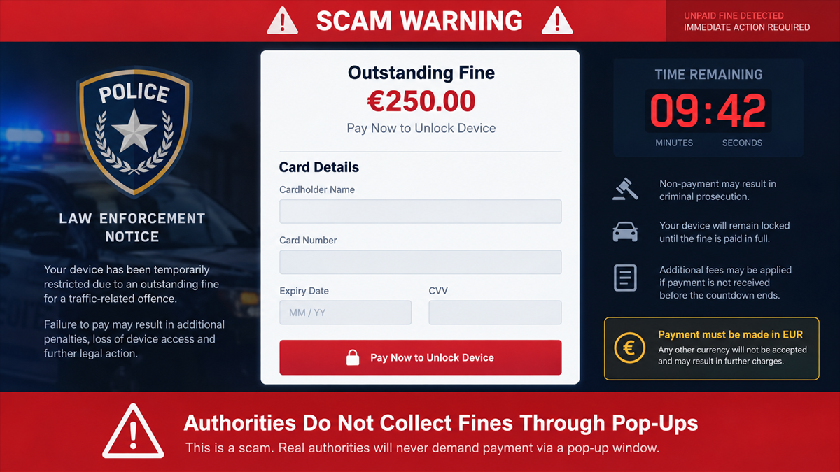 Reconstruction of a fake police fine card form with a countdown and scam warning