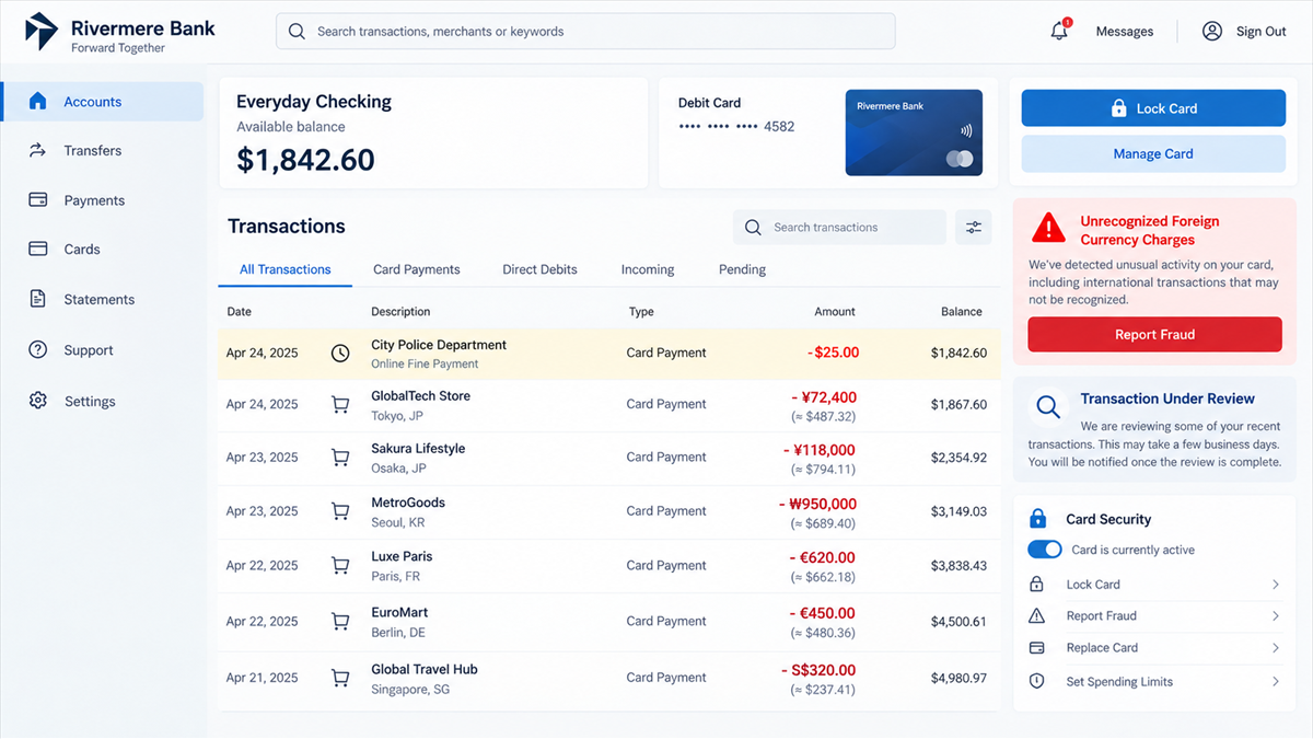 Reconstruction of unauthorized foreign currency card charges after payment through a fake police pop-up