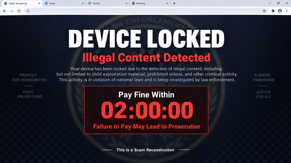 Reconstruction of a fraudulent police pop-up claiming a device is locked for viewing illegal content
