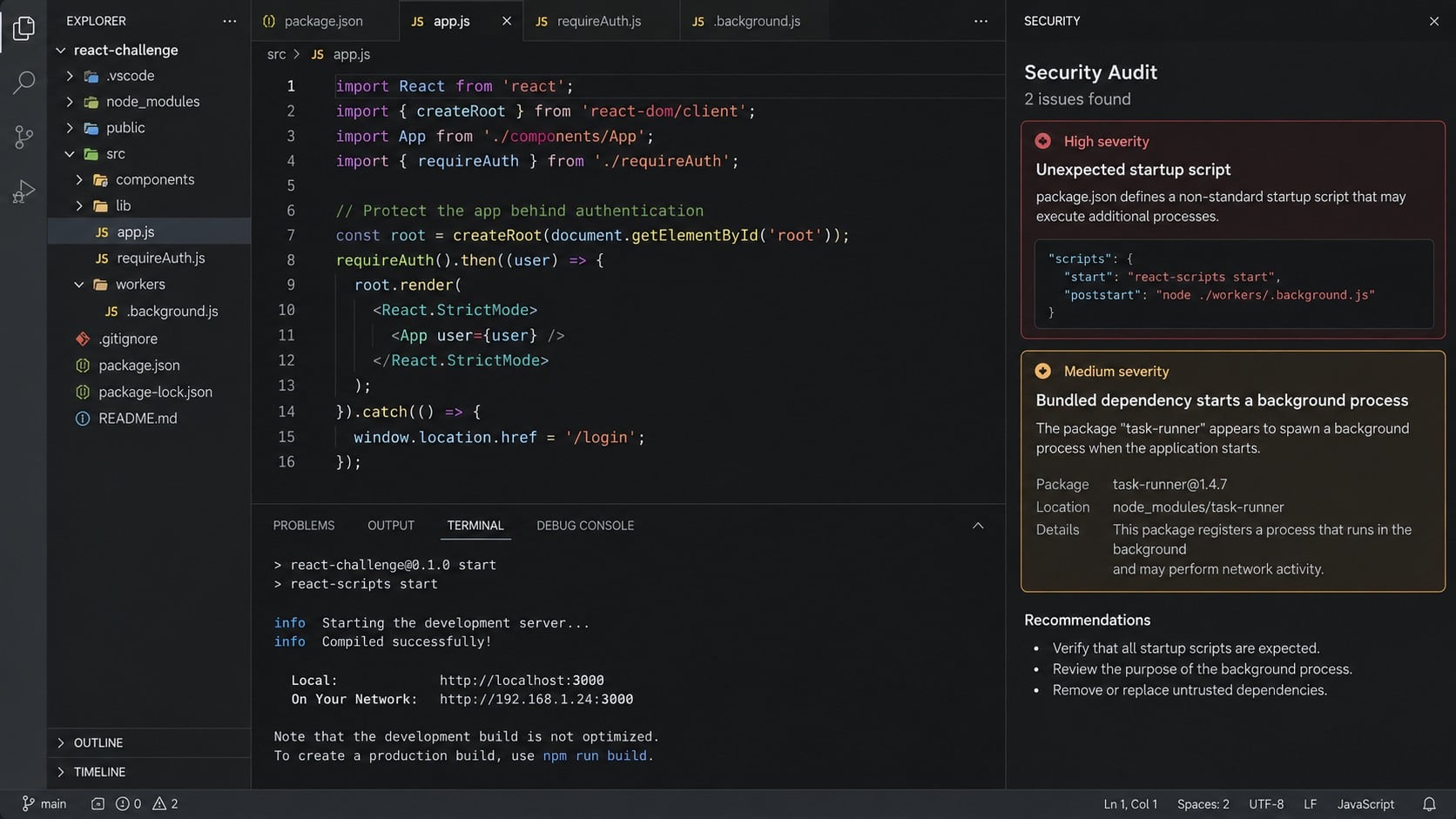 Security review finding a hidden background worker in a React coding challenge