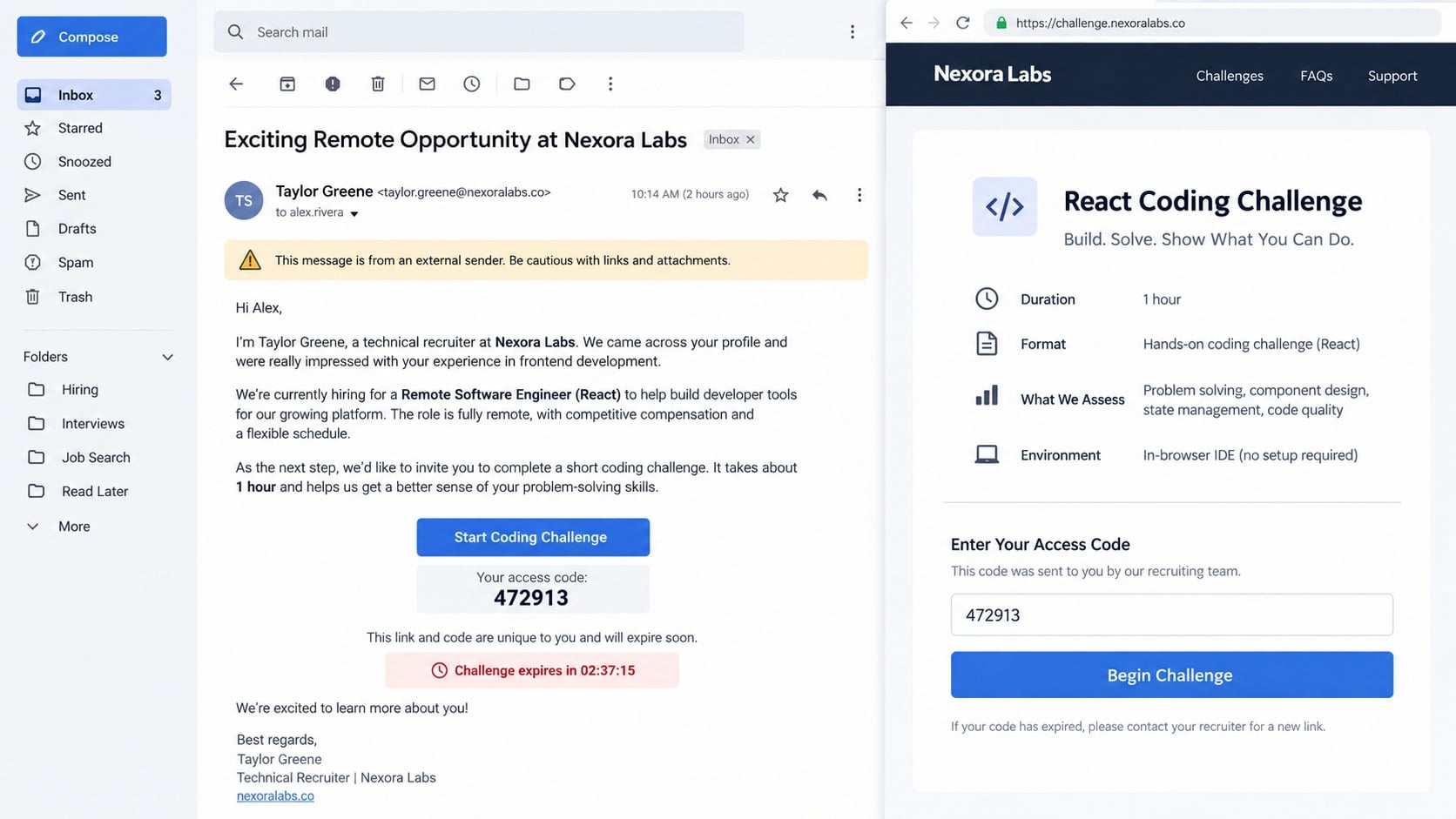 Fake recruiter message inviting a developer to an urgent React coding challenge