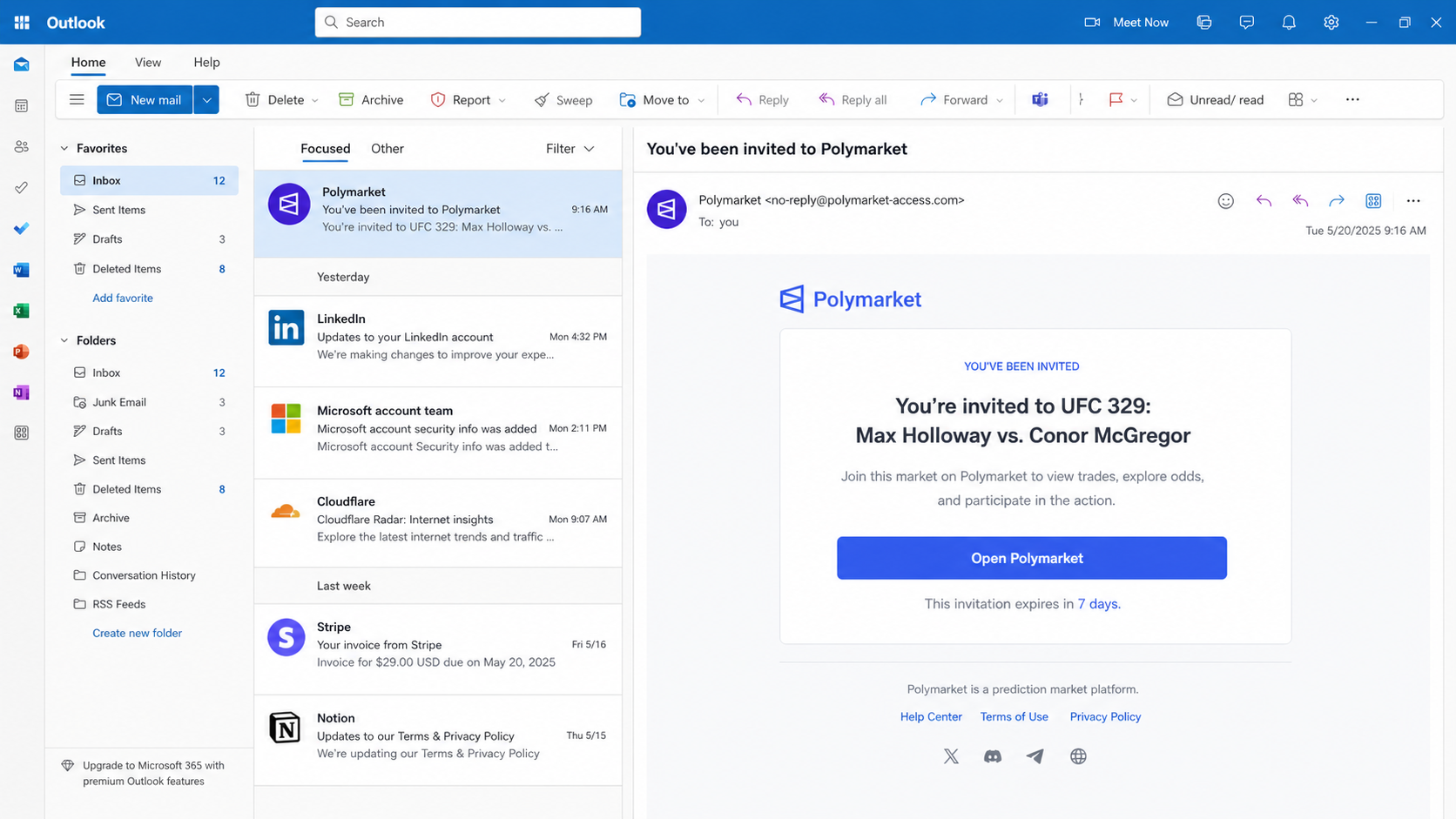 Fake Polymarket UFC invitation email promoting a deceptive market link