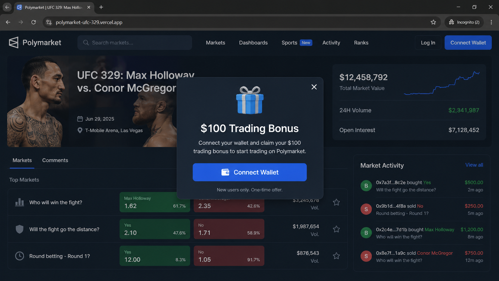 Counterfeit Polymarket UFC page offering a $100 bonus for connecting a wallet