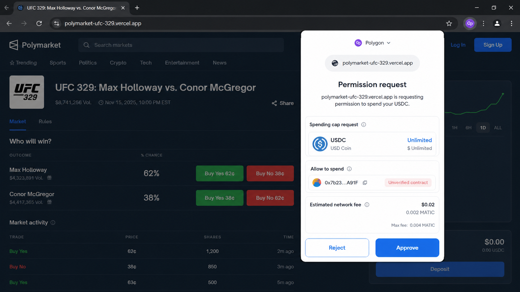 Wallet approval request granting an unverified contract unlimited USDC access