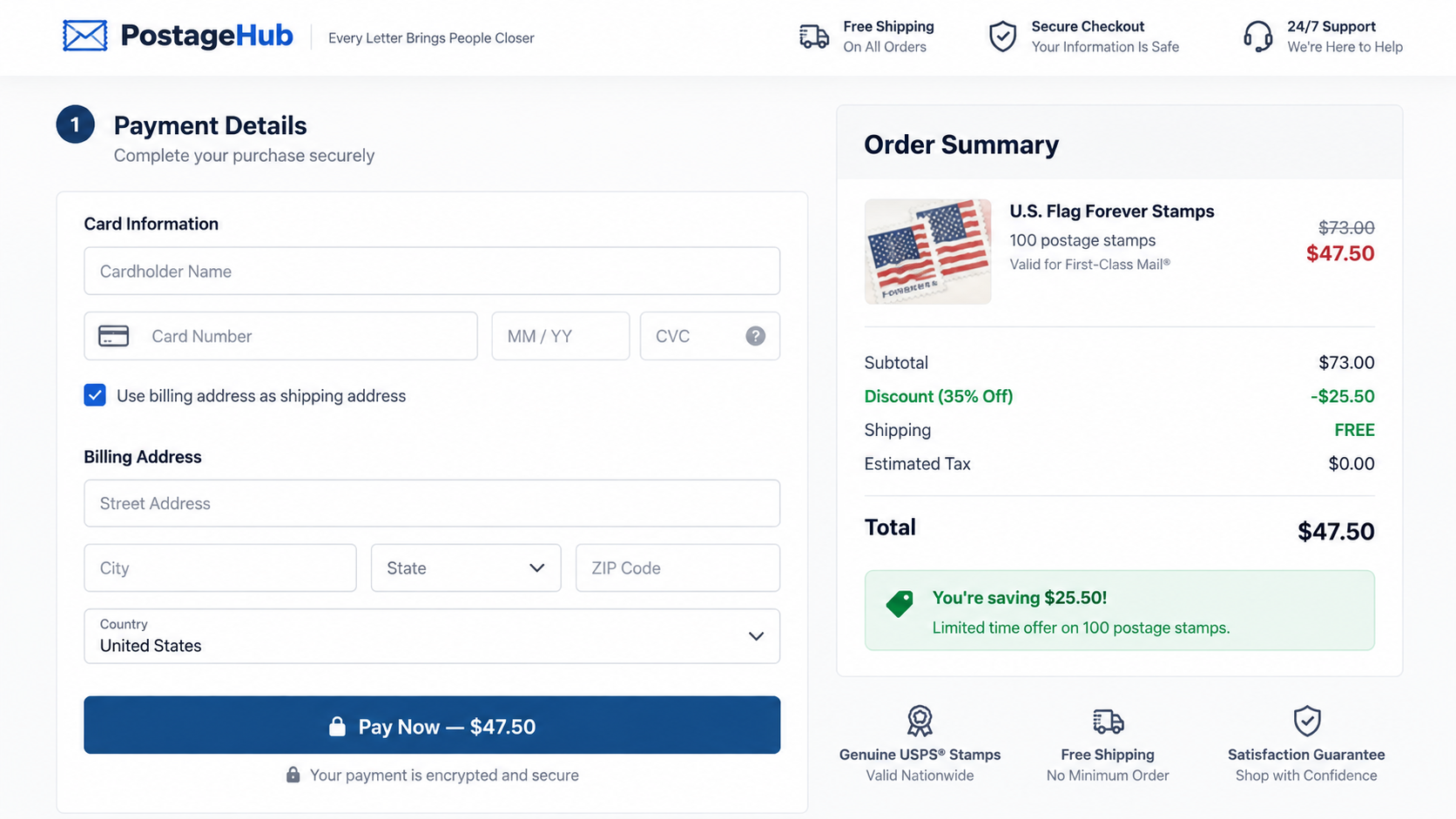 Reconstruction of a discounted stamp checkout requesting card and shipping details