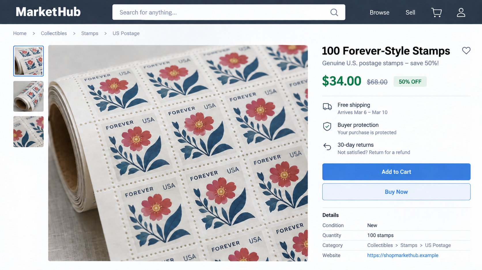 Reconstruction of a social marketplace listing offering heavily discounted postage stamps