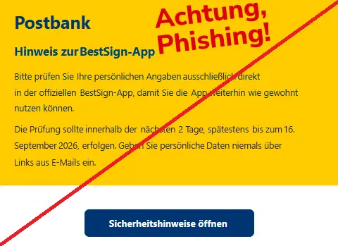 Captured Postbank impersonation email with a BestSign deadline and security-advice button, annotated as phishing by the consumer warning service