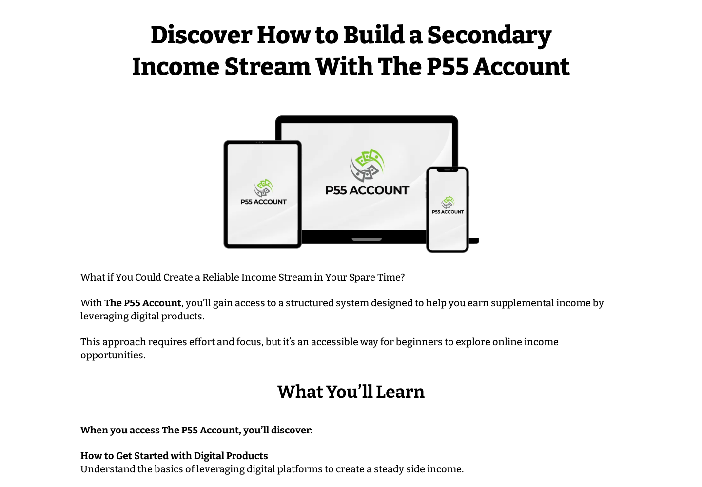 Current P55 Account page promoting a $97 digital product income system