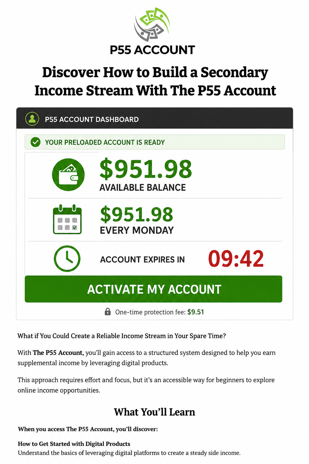 $951.98 Preloaded Account Scam Promises Easy Money 1 P55 Account page claiming a $951.98 preloaded balance and a $9.51 activation fee