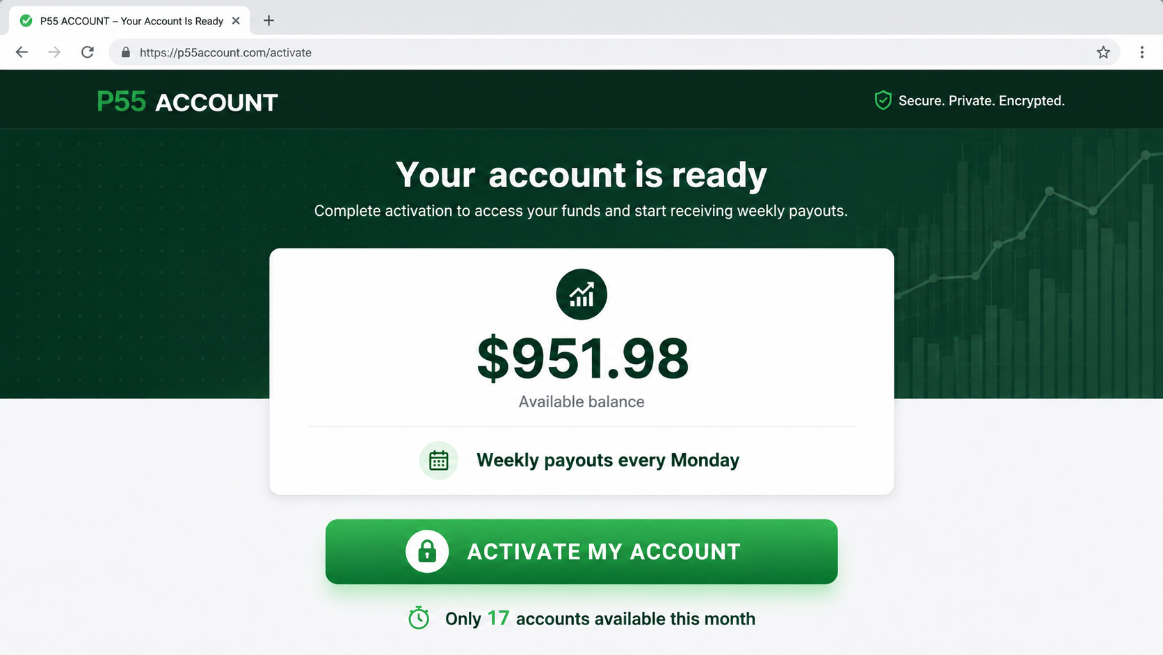 Recreated P55 Account page displaying a claimed $951.98 available balance