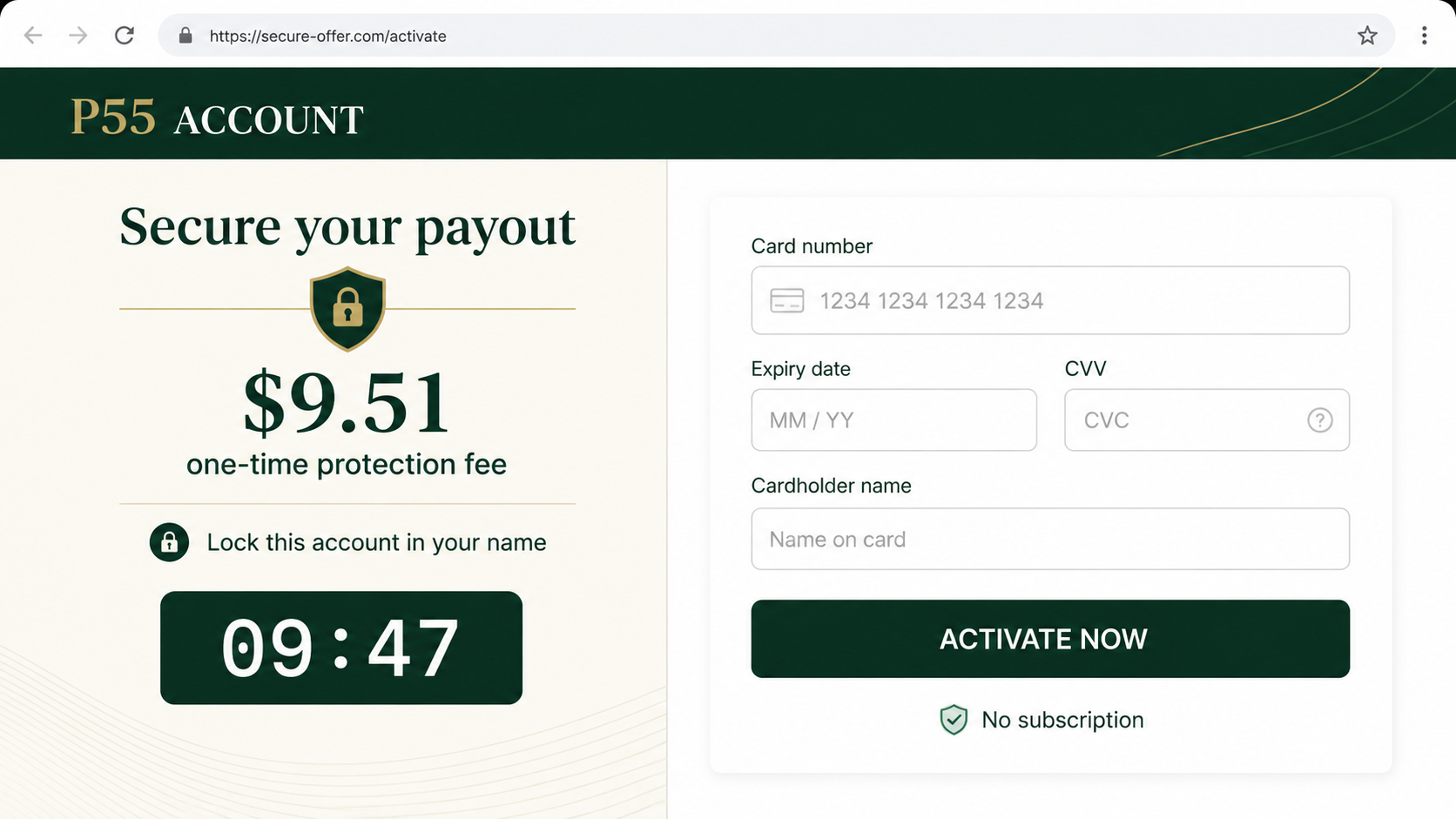 Recreated P55 Account checkout asking for a $9.51 protection fee