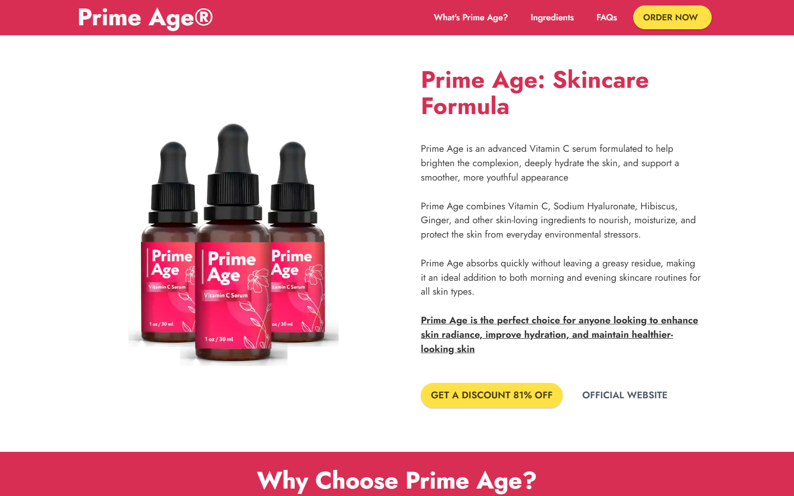 Prime Age Review: Fake or Real? Conflicting Sites 1 Prime Age website presenting the product as a topical Vitamin C skincare serum