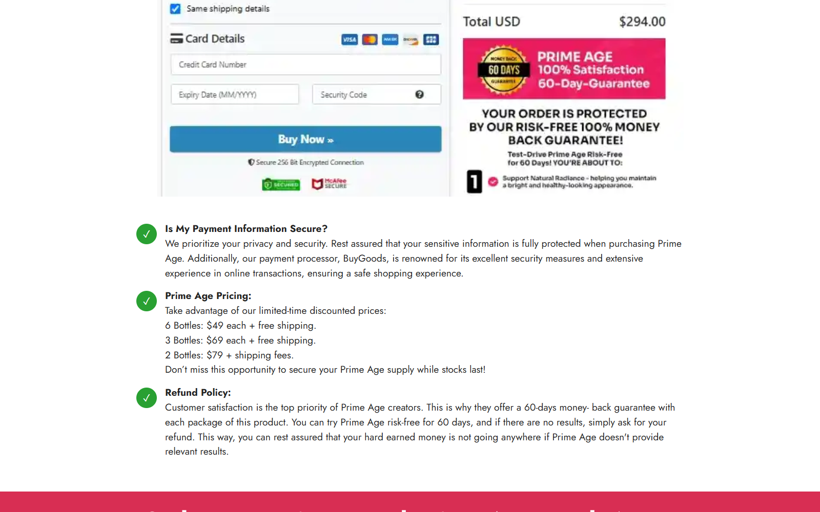 Prime Age Review: Fake or Real? Conflicting Sites 2 Prime Age checkout graphic showing a $294 total and multi-bottle pricing