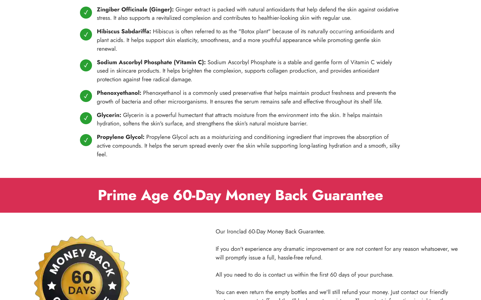 Prime Age Review: Fake or Real? Conflicting Sites 3 Prime Age page listing topical serum ingredients and a 60-day money-back guarantee