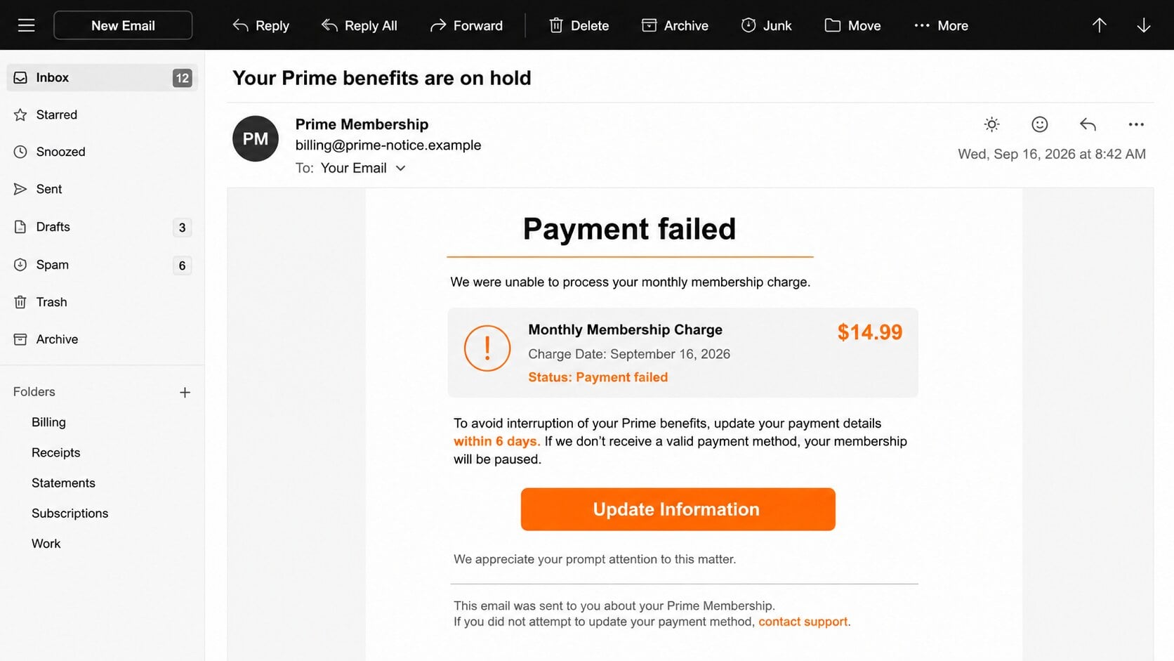 Prime membership payment failed phishing email requesting a billing update