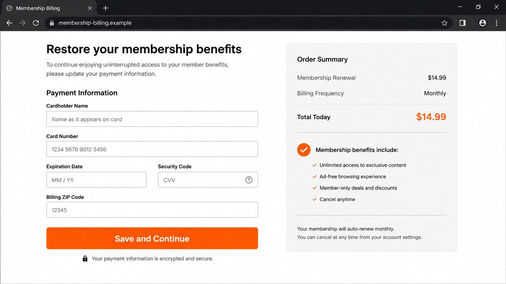 Fraudulent membership payment form requesting card and billing details