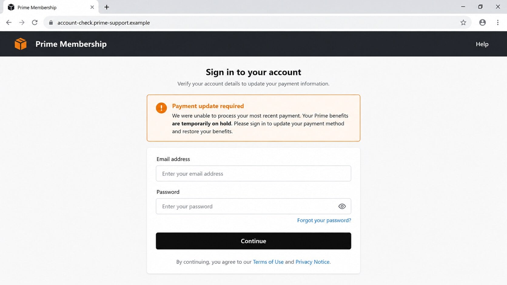 Counterfeit Prime Membership sign-in page reached from a failed payment email