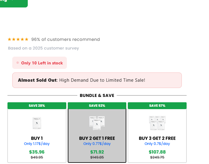 PrimeCell H2 bundle section displaying low-stock urgency and multi-box discounts