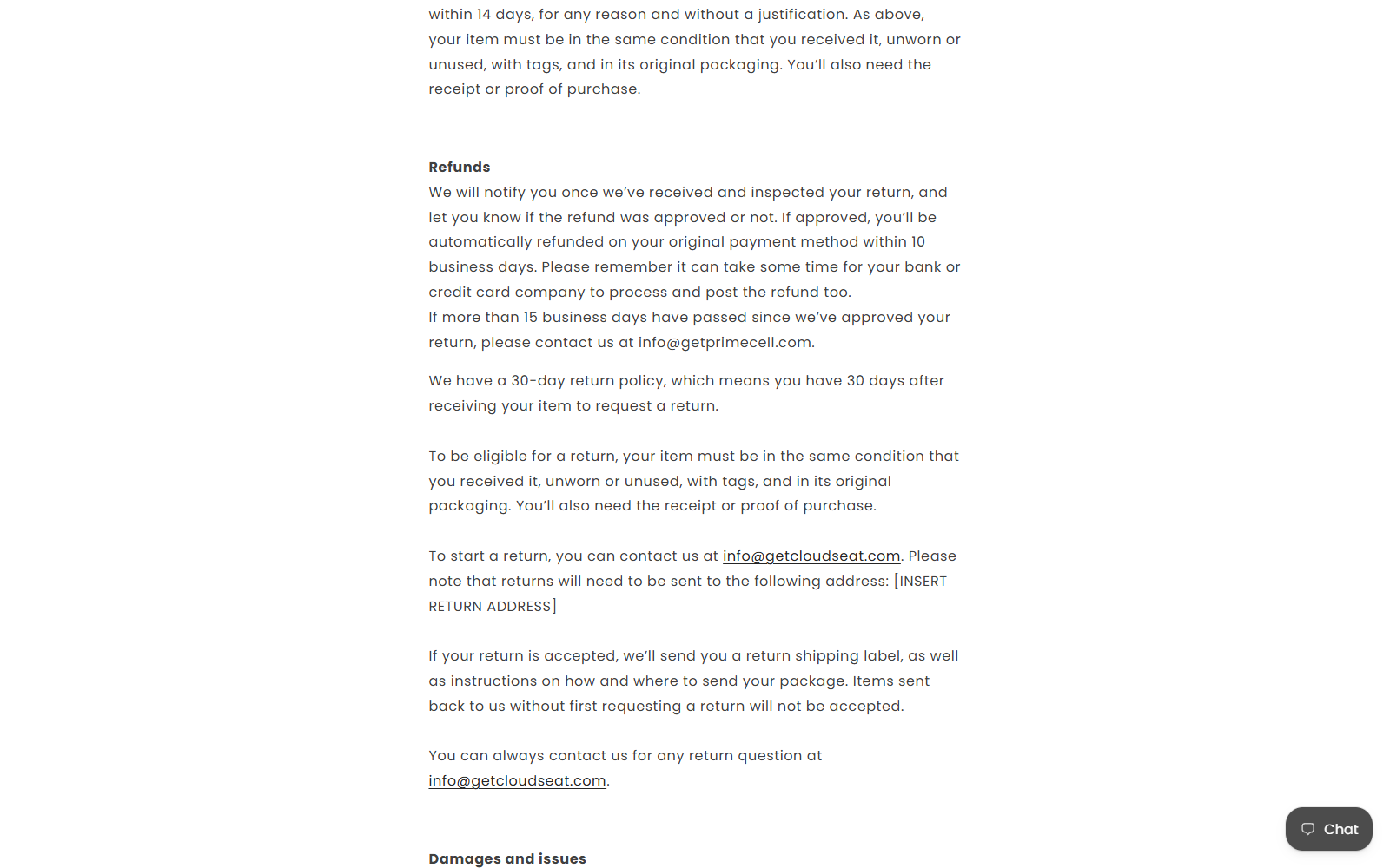 PrimeCell refund policy showing a CloudSeat email and missing return-address placeholder