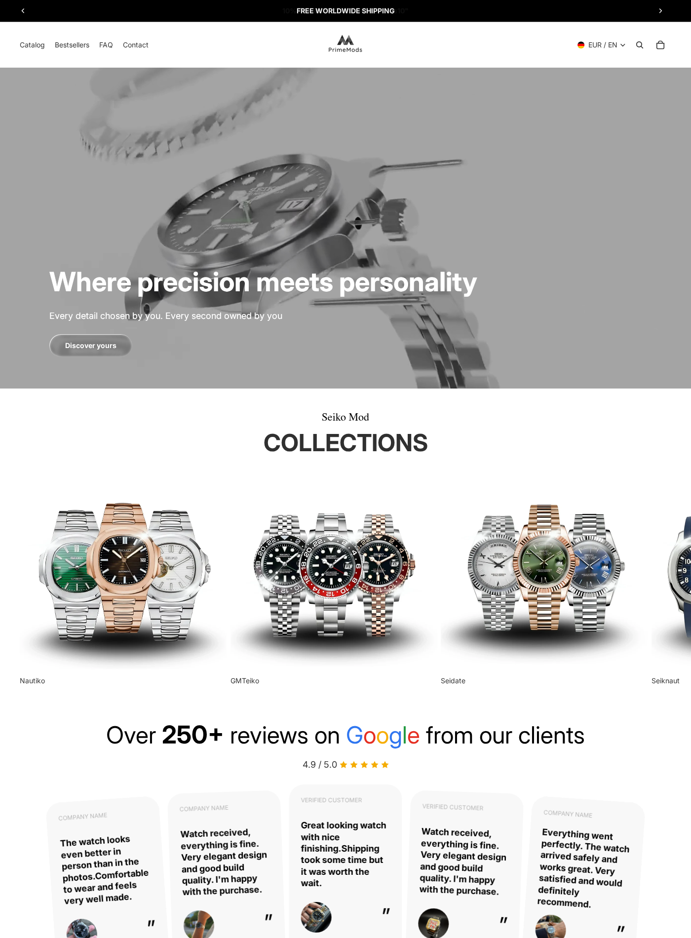 PrimeMods storefront advertising custom Seiko mod watch collections and more than 250 Google reviews