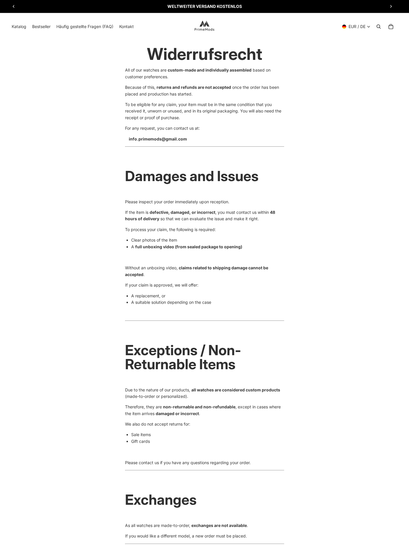 PrimeMods refund policy stating watches are made to order, non-returnable, and require unboxing video for damage claims
