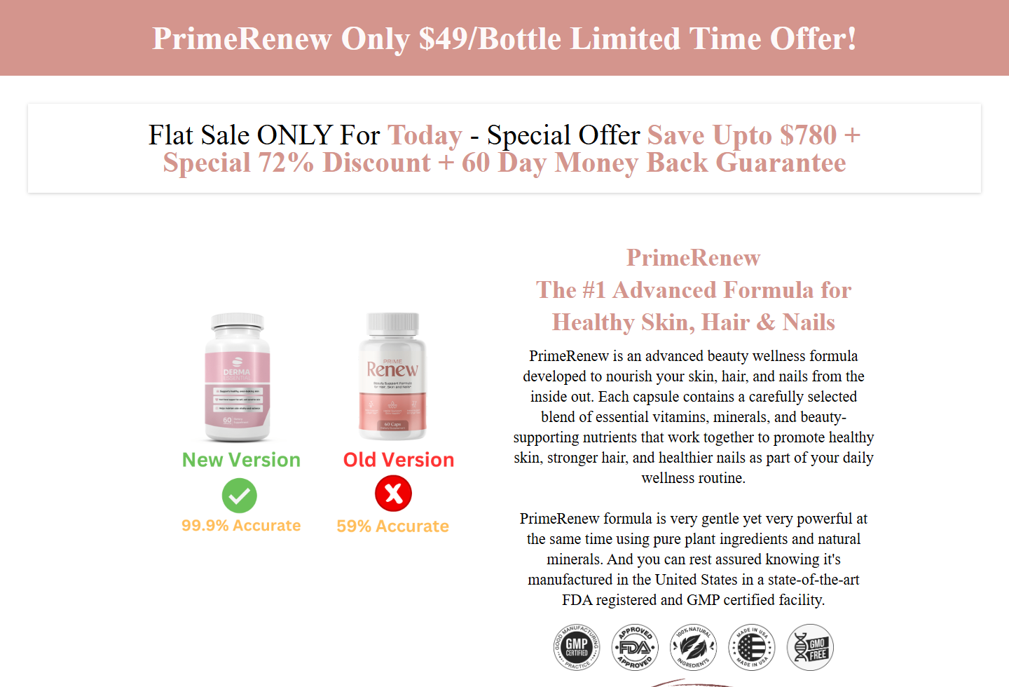Screenshot of the PrimeRenew sales page promoting hair skin and nail benefits