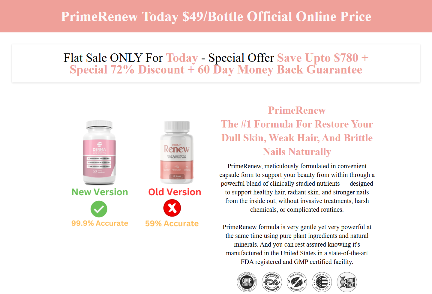 Screenshot of the PrimeRenew page displaying conflicting guarantee information