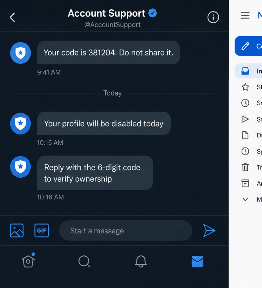 Fake Social Media Support Scam Steals Private Photos 1 Illustrative reconstruction of a fake social media support chat requesting a verification code
