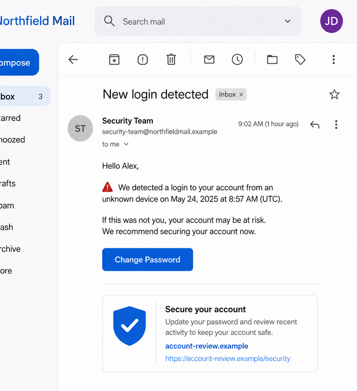 Fake Social Media Support Scam Steals Private Photos 2 Illustrative reconstruction of a fake new-login email linking to a lookalike social media site