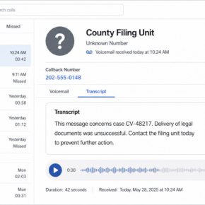 Fake process server call scam shown in a fictional voicemail transcript