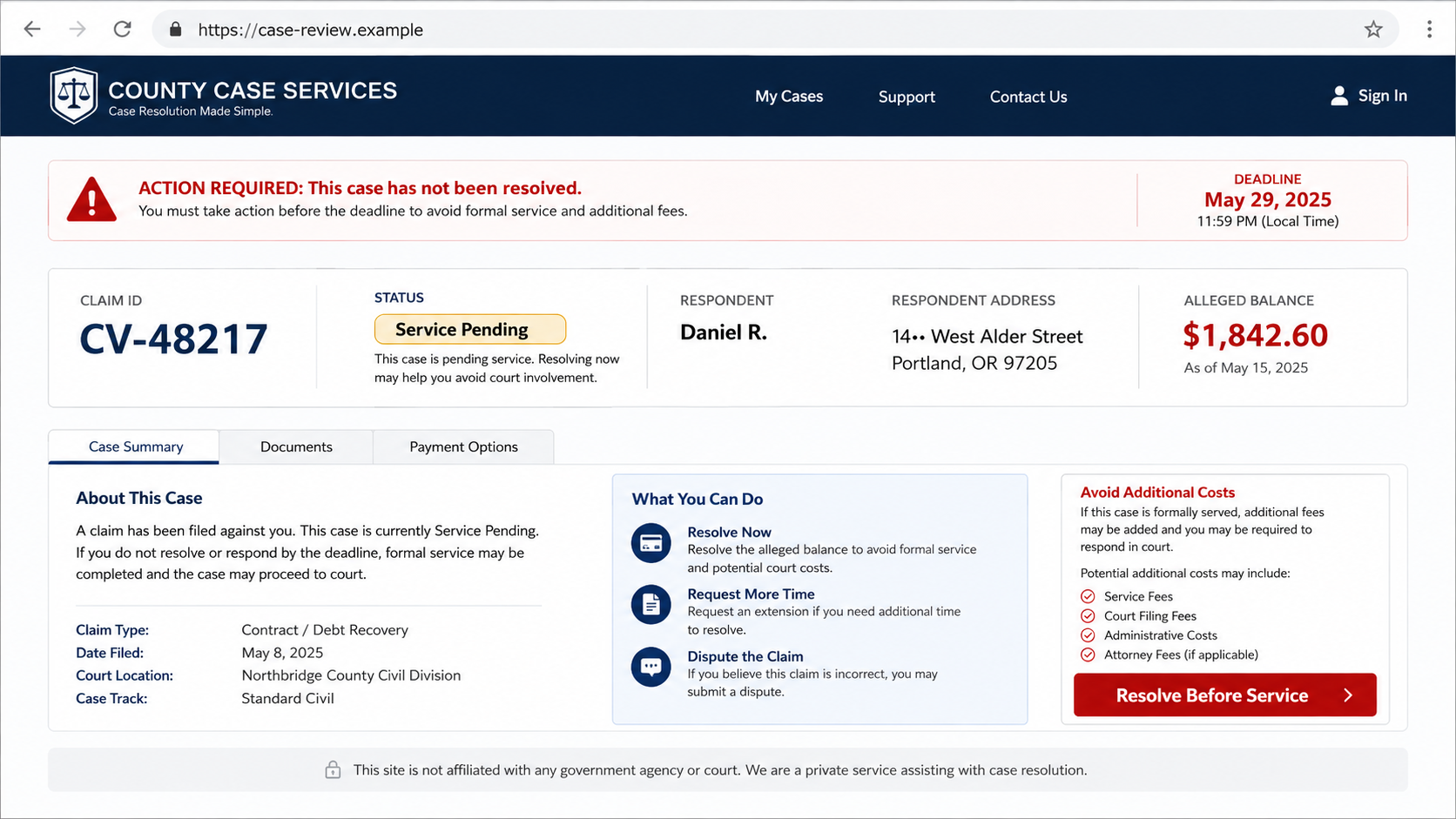 Fake Process Server Call Scam Uses Your Personal Data 2 Fictional legal case portal demanding payment before document service