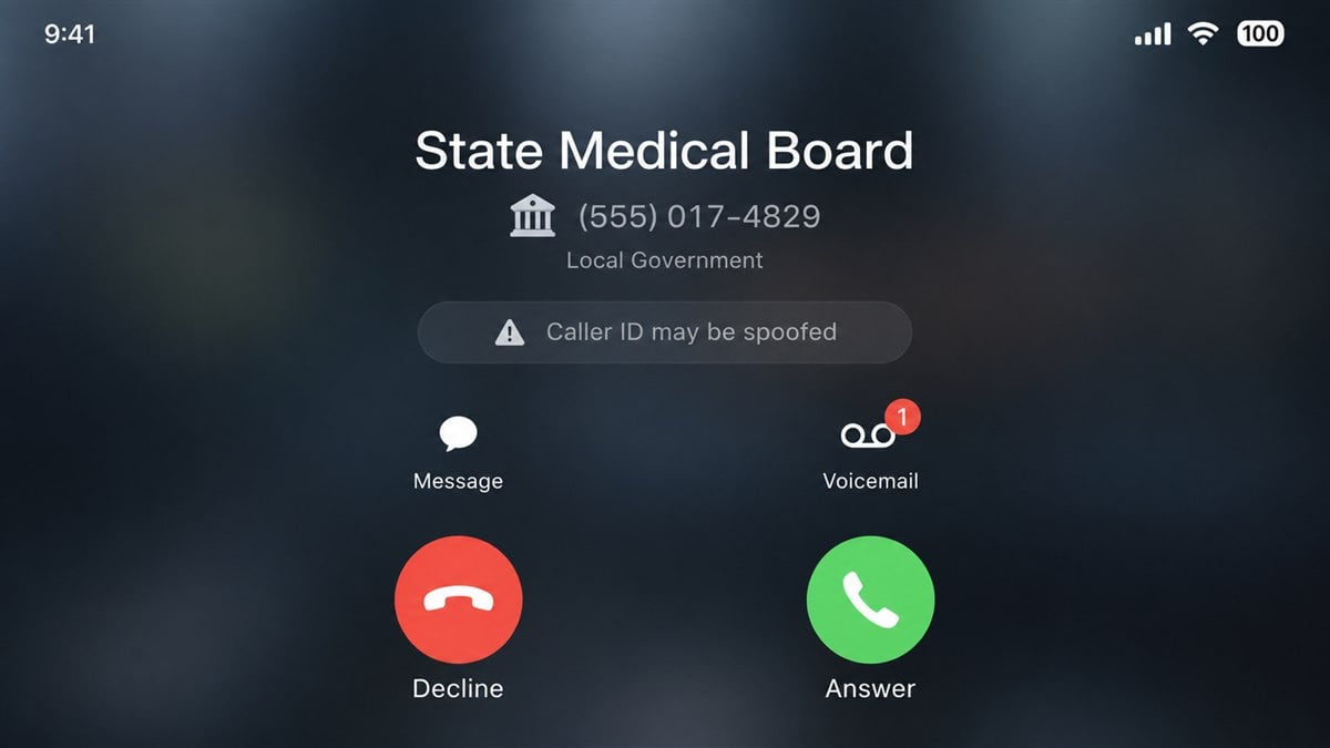 Fake License Board Calls Threaten to Revoke Careers 1 Reconstruction of a spoofed State Medical Board call warning that caller ID may be fake