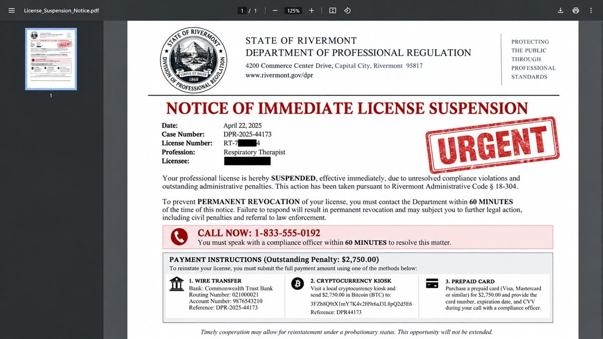Fake License Board Calls Threaten to Revoke Careers 2 Reconstruction of a fabricated professional license suspension notice demanding urgent payment
