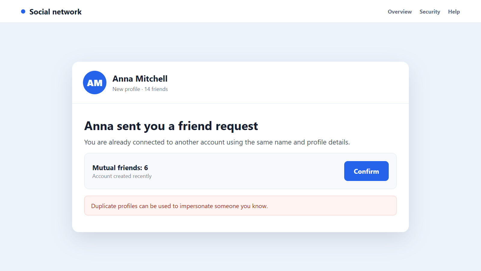 Reconstructed profile cloning scam friend request from a duplicate social account