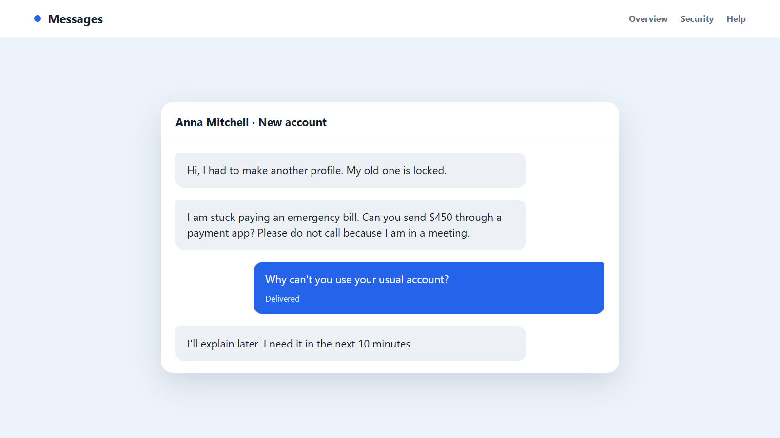 Reconstructed message from a cloned profile asking a friend for an urgent payment