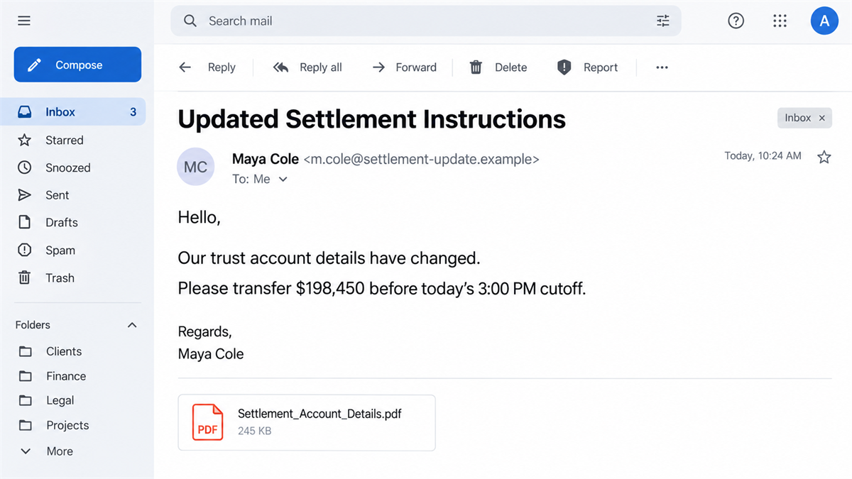 Realistic reconstruction of a property settlement email containing fraudulent replacement bank details