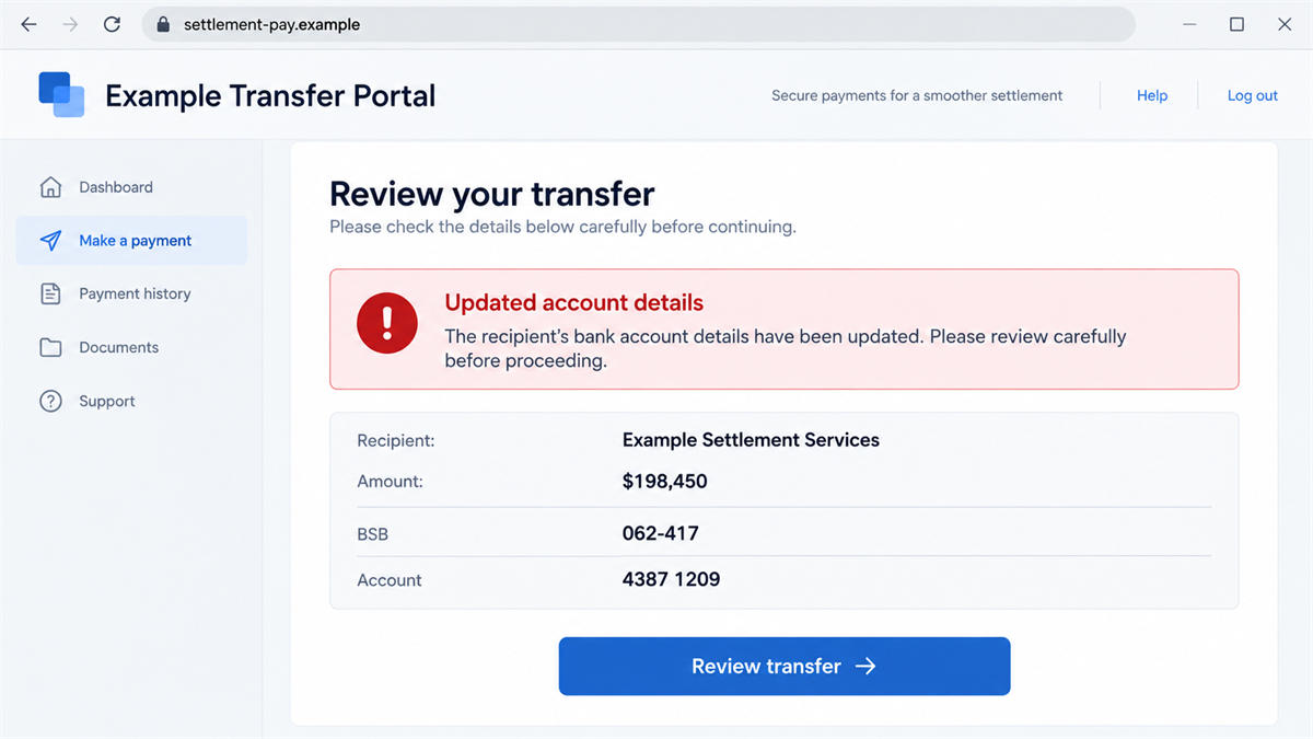 Realistic reconstruction of a property settlement payment instruction page with substituted bank account details