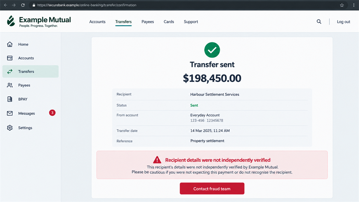 Realistic reconstruction of a banking transfer status showing a six-figure property payment sent to the wrong recipient