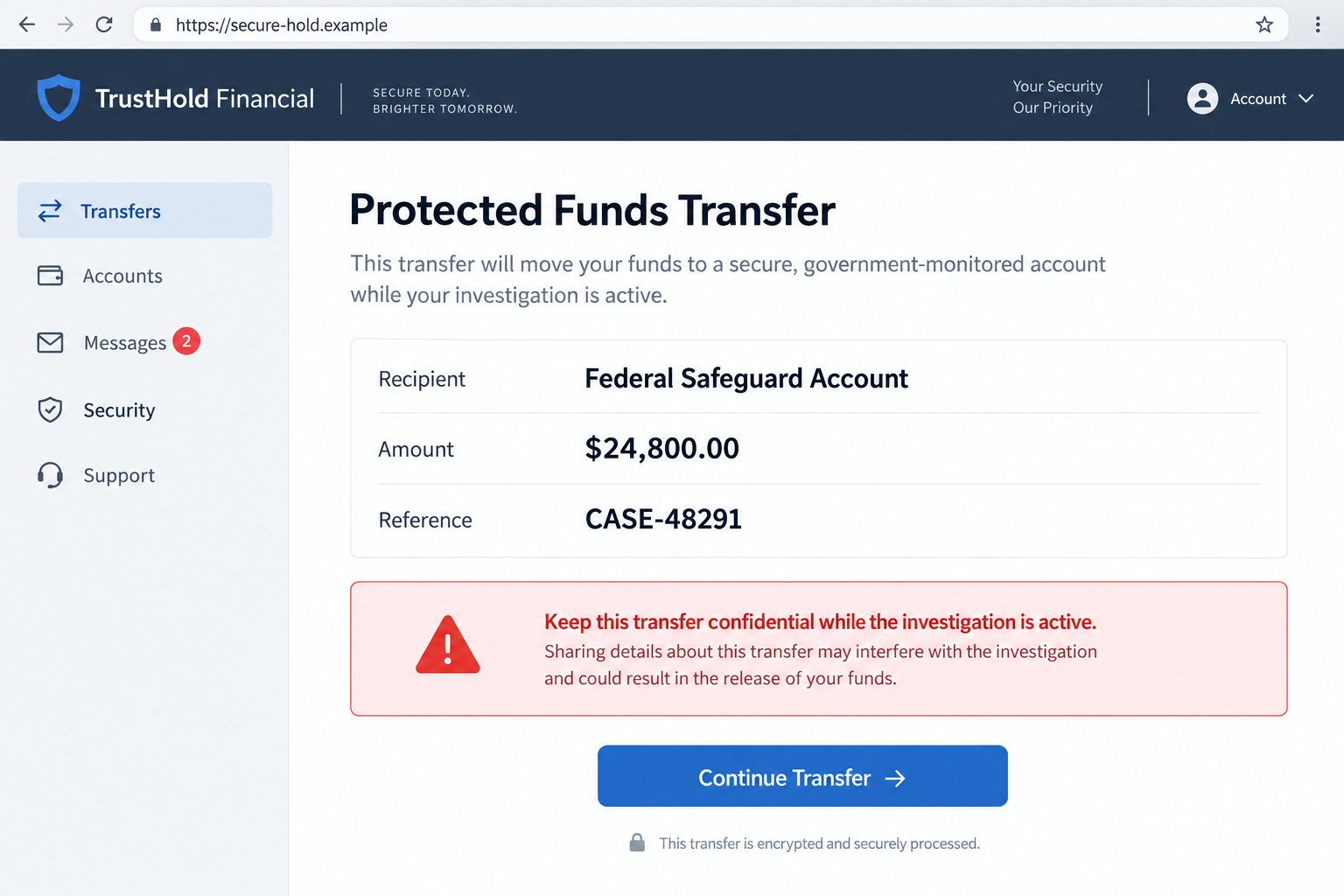Move Your Money Scam: Fake Agents Hijack Bank Calls 2 Illustrative fake secure funds transfer instruction at a fictional banking portal